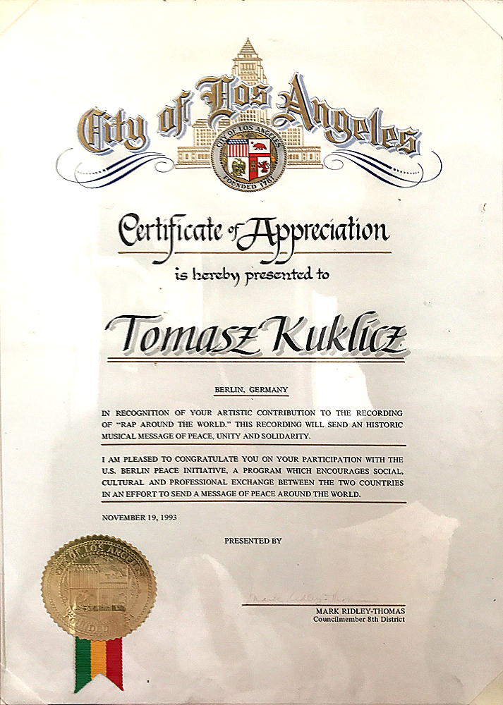 1993: Auszeichnung des Senats von Los Angeles für außergewöhnlichen  Kulturbeitrag, Solidarität & Völkerverständigung